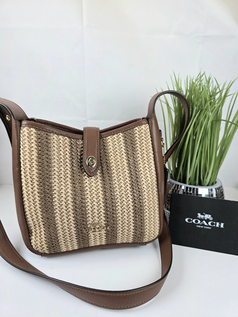 Coach Hadley Brown Mini Natural Woven Leather-Trim Crossbody Straw Bag - Picture 4 of 12